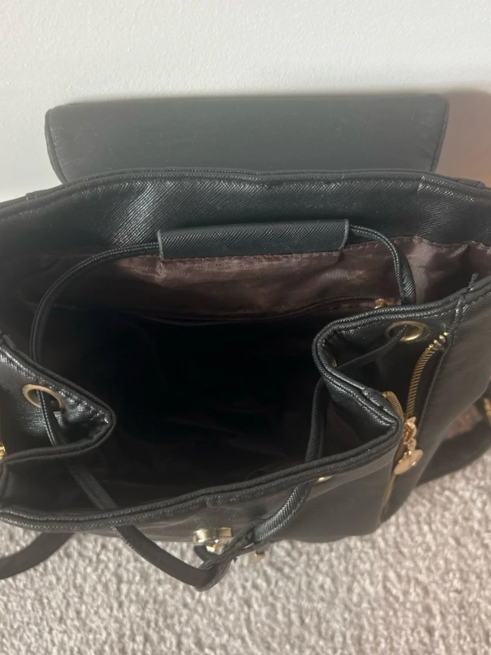 Black Women's Faux Leather Backpack with Gold Accents
